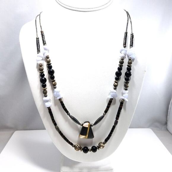 Vintage Artisan Gemstone Natural Bead Necklace, Quartz Shell Wood, 23 Inches - Picture 3 of 10